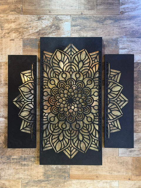 Cuadro Mandala tríptico chico con espejo viejo