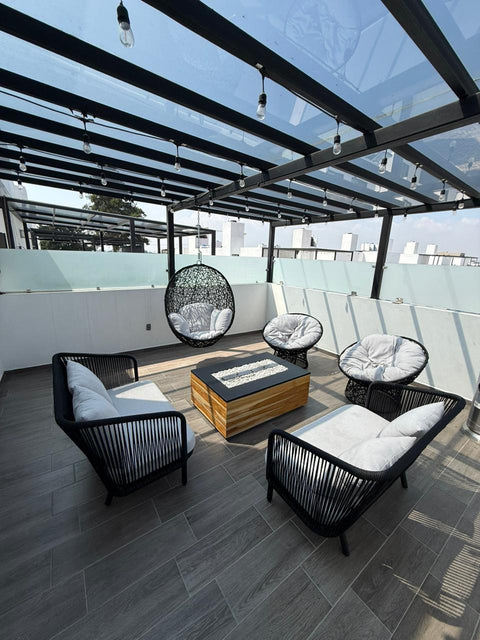 Set dos Xcalac con dos papasanes + Chimenea Nogal Teca y columpio nido